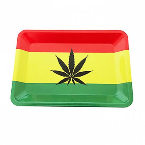 Rasta Rolling Metal Tray with Marijuana Leaf