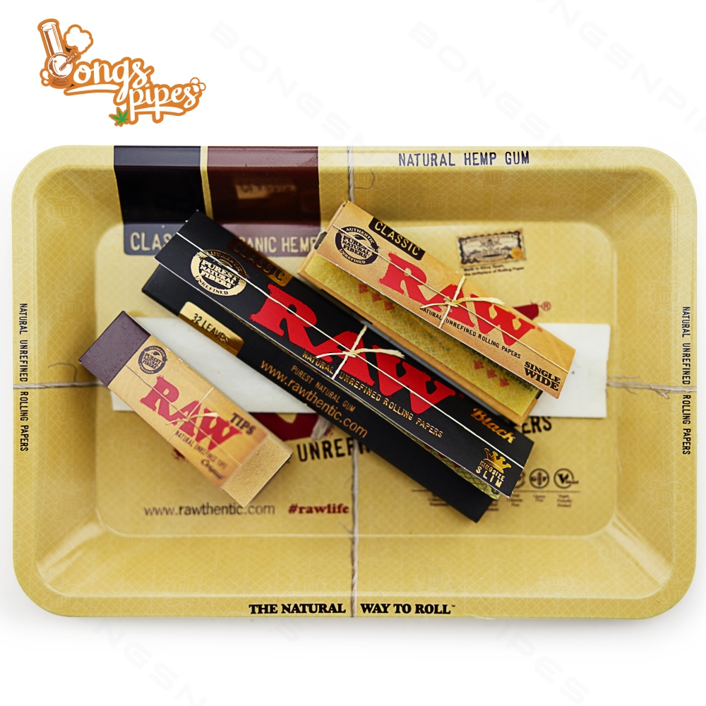 AUTHENTIC RAW BLACK Rolling Tray Tips Papers 7pc Smoker Bundle Starter Kit 
